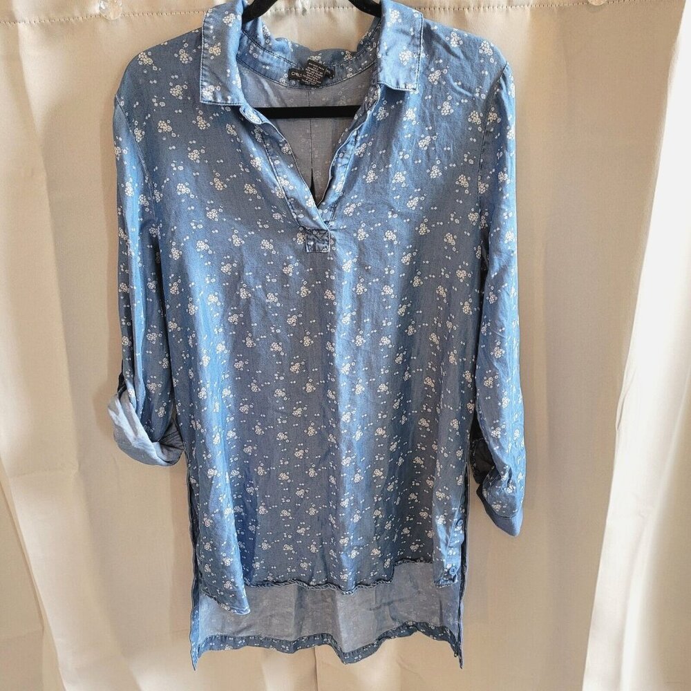 Chelsea Theodore Tunic Top‎ Large Blue Chambray Tencel Floral Cottagecore 16271